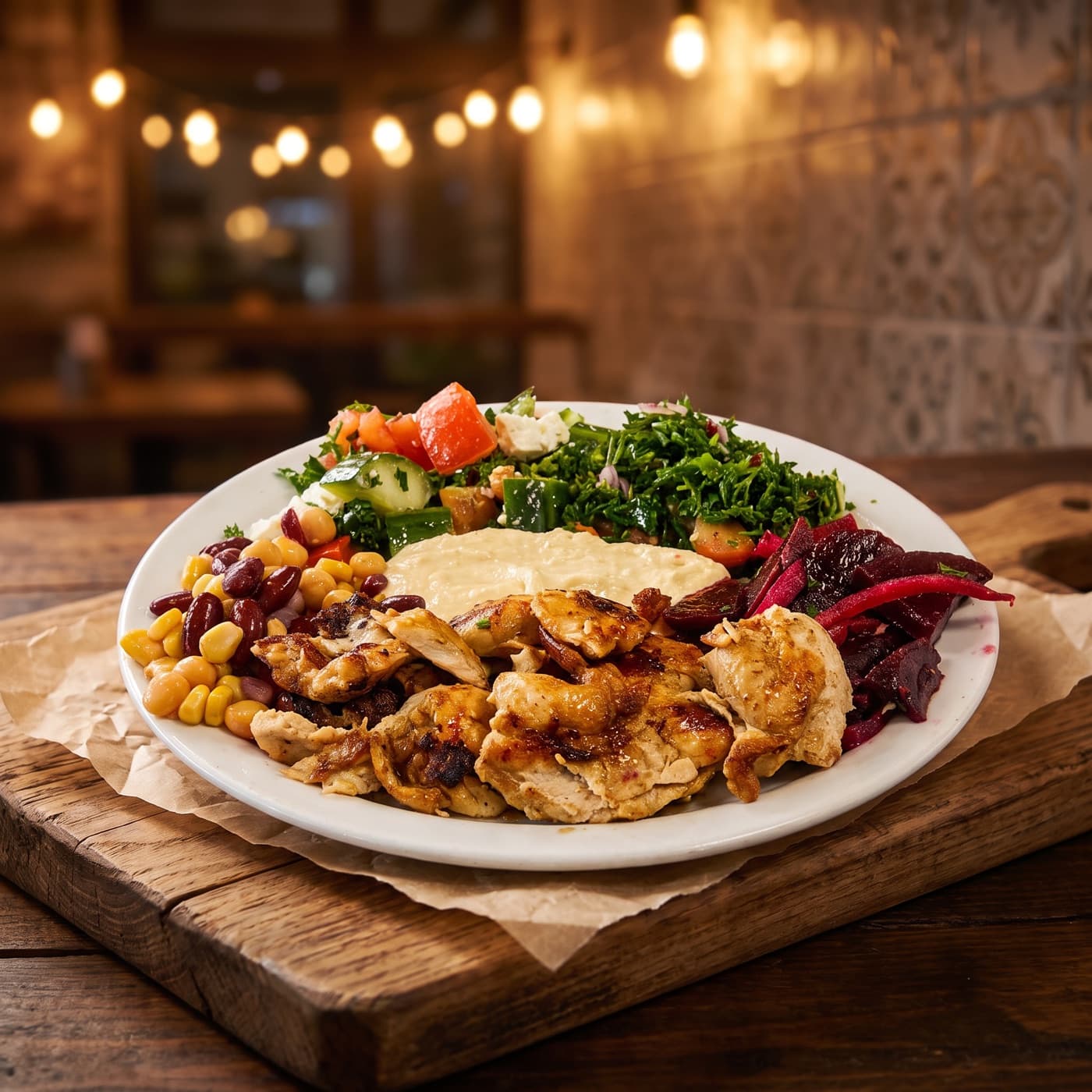 Assiette santé : poulet grillé, trois salades au choix, humus et sauce à l'ail