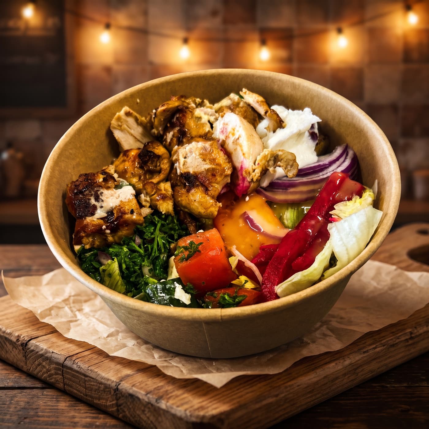 Assiette shish taouk : poulet grillé, salades fraîches, betteraves marinées et sauce à l'ail