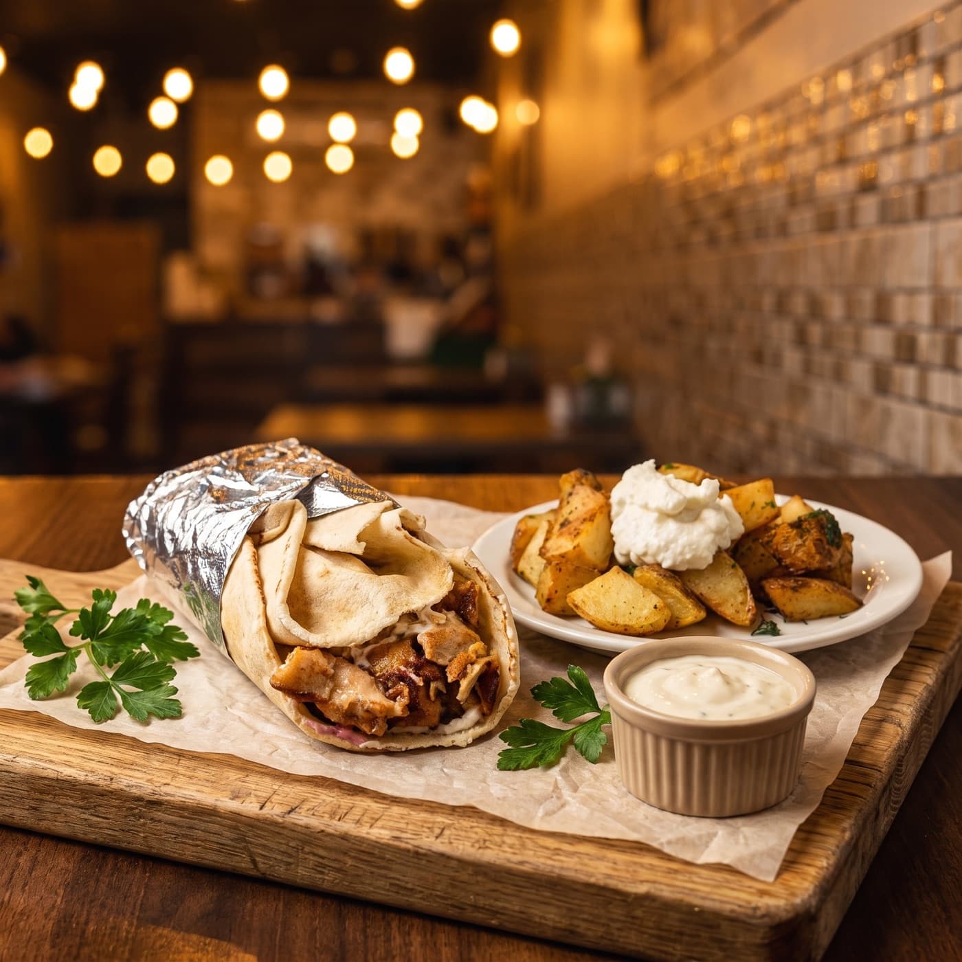 Trio kebab : kebab au poulet dans un pain pita, patates grillées et sauce à l'ail